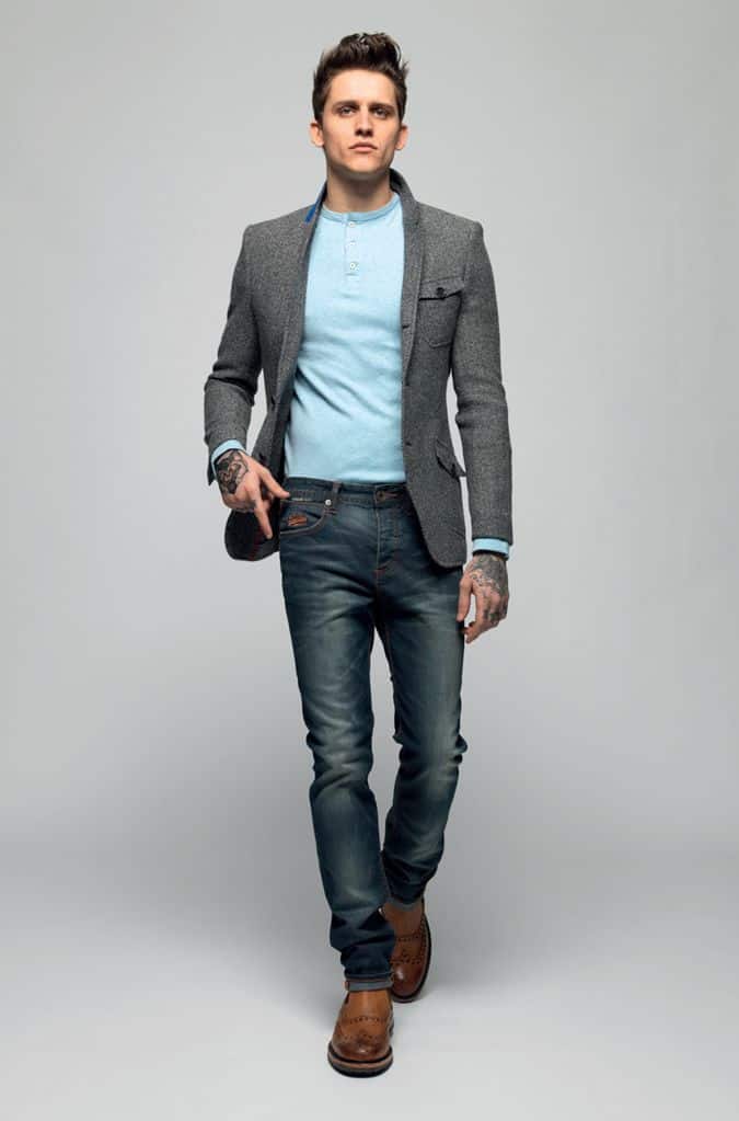 suit jacket with jeans and boots